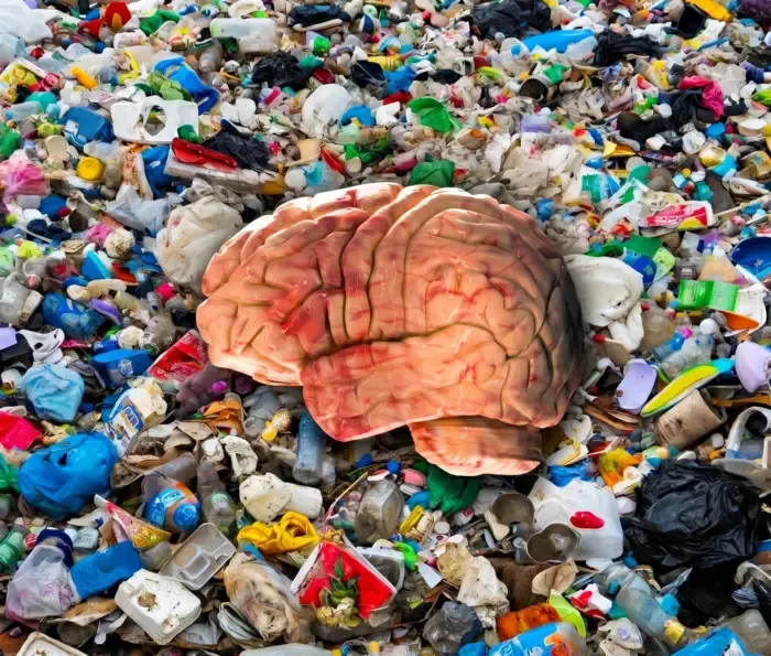 A human brain composited against a landscape of plastic waste.