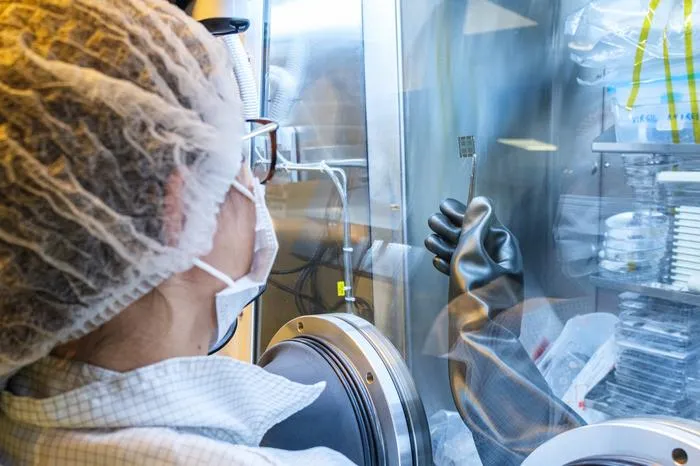 NTU research fellow Dr Daniela De Luca examining a prototype ultrathin perovskite solar cell in the vacuum chamber in the lab.