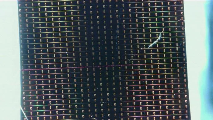 The researchers used waveguides—microscopic channels fabricated on a silicon wafer—to guide light. Long waveguides of varying widths can be seen on the chip, where a thin layer of organic molecules transforms light as it passes through