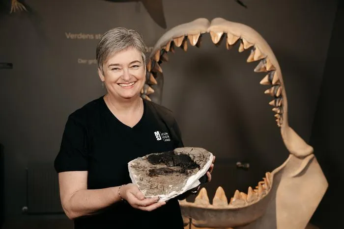 Dr. Mette Elstrup holding a 10.8-million-year-old vertebral fossil specimen of the extinct megatooth shark, Otodus megalodon.
