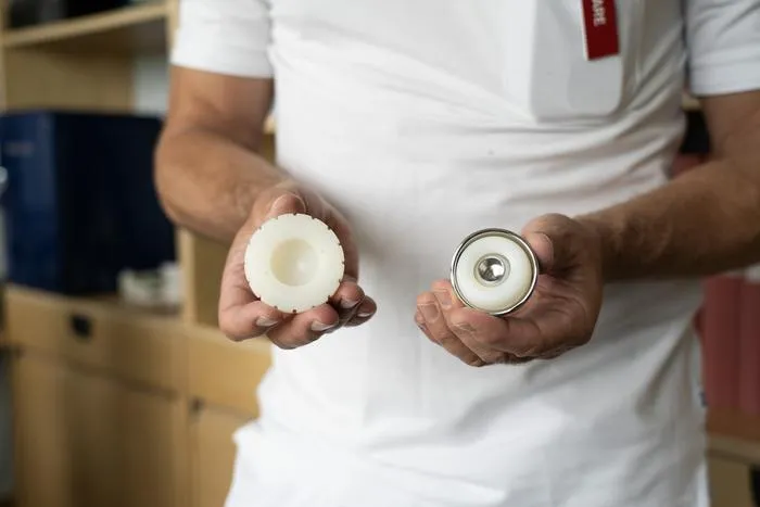 Standard cup to the left, and dual mobility cup to the right