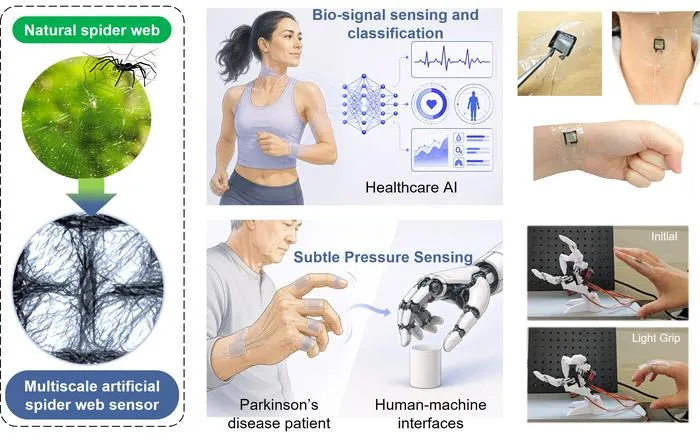 Figure. Multiscale Artificial Spiderweb Pressure Sensor using Biodegradable Materials and Its Applications in Healthcare AI, Movement Monitoring of Patients with Parkinson’s Disease, and Human–Machine Interfaces