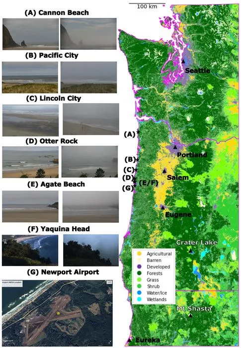 Fog study locations in Oregon map