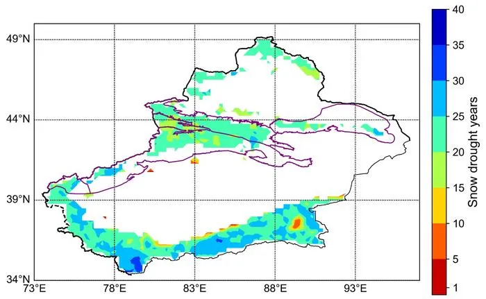 Spatial distribution of total snow drought occurrence in Xinjiang