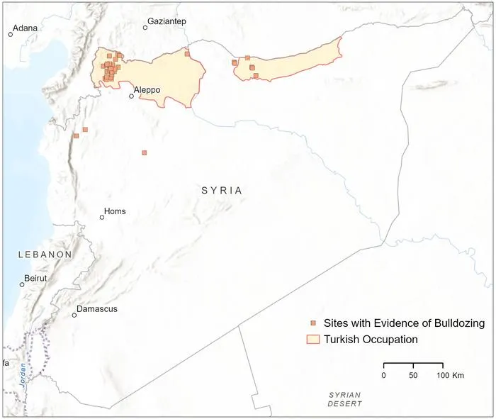 Map of Syrian sites that were systematically bulldozed due to mechanized looting.