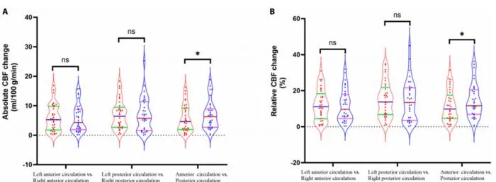 Both (A) the absolute change in cerebral blood flow (CBF) and (B) the relative change demonstrated greater reductions in the posterior circulation than in the anterior circulation.