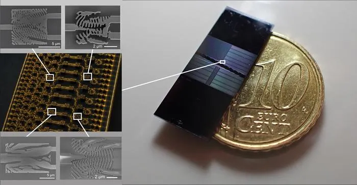 Photonic microchip, shown next to a 10-euro-cent coin