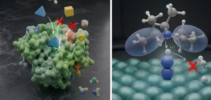 (Left) Enzymes that selectively convert substrates into desired products in nature. (Right) Conceptual illustration of this study applying enzymatic principles to interfacial reactions on catalytic electrodes.