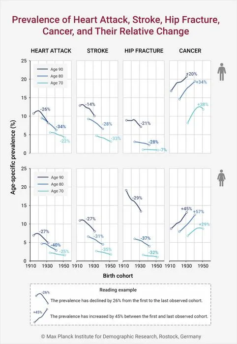 Prevalence (%) of heart attack, stroke, hip fracture and cancer