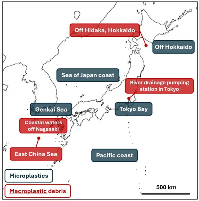 Sampling areas and collection locations for microplastics and larger plastic debris around Japan