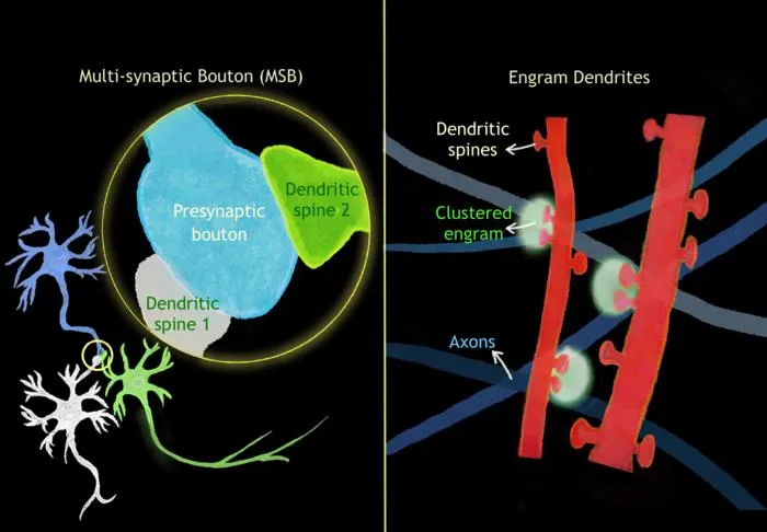 Illustration of synaptic clusters and multi-synaptic boutons