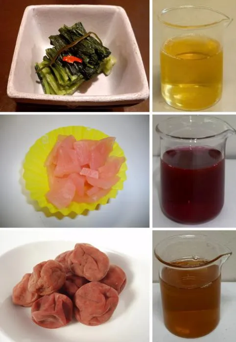 Three types of tsukemono, traditional Japanese pickles, and their corresponding liquid pickle seasoning waste
