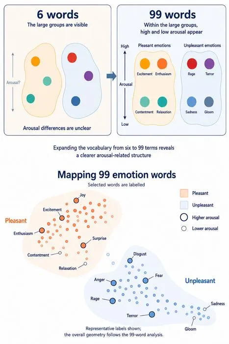 Expanding the vocabulary from six to 99 terms reveals a clearer arousal-related structure
