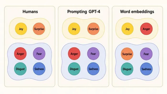 Comparison of humans, GPT-4, and word embeddings for six basic emotions
