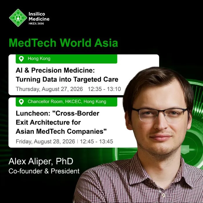 Alex Aliper, PhD, Co-founder and President of Insilico Medicine, has been invited to attend the MedTech World Asia summit in Hong Kong on August 27.