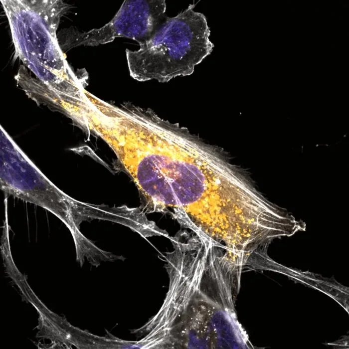 A microglial cell within which an uncharacterized microprotein accumulates around its nucleus
