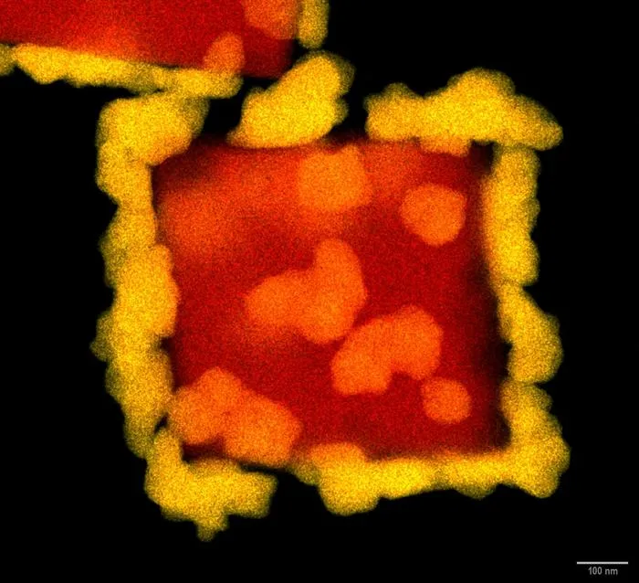 Copper cube decorated by gold nanoclusters.