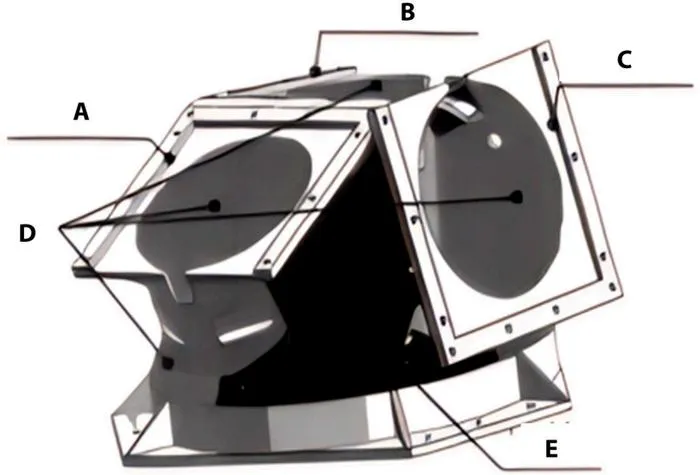 Fig. 11. Structural image of a star sensor bracket. (A) Star Sensor 1. (B) Star Sensor 2. (C) Star Sensor 3. (D) C/C composite structural members. (E) Heat dissipation surface (radiator).