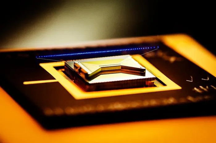 A closeup view of a surface ion trap used in quantum computing technology