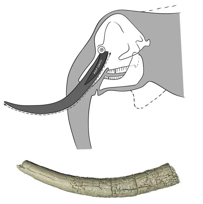 The elephant tusk and its estimated original position