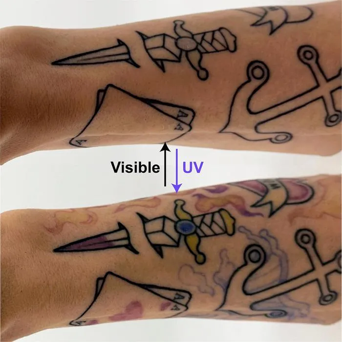 Arm tattoo with and without light