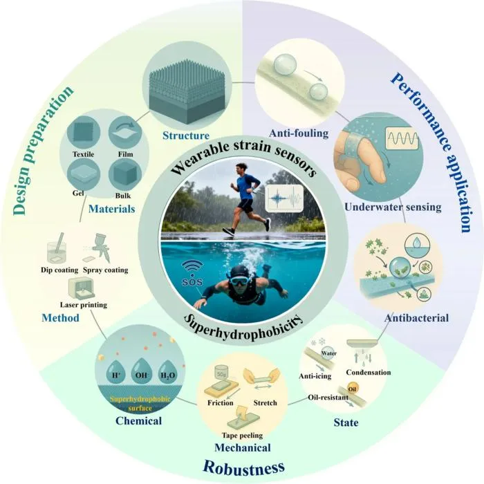 Schematic illustration of the design preparation, performance application, and robustness of a superhydrophobic wearable strain sensors